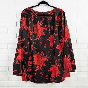 Talbots 2X Black Red Floral Blouse Plus Size Romantic Holiday Career Top